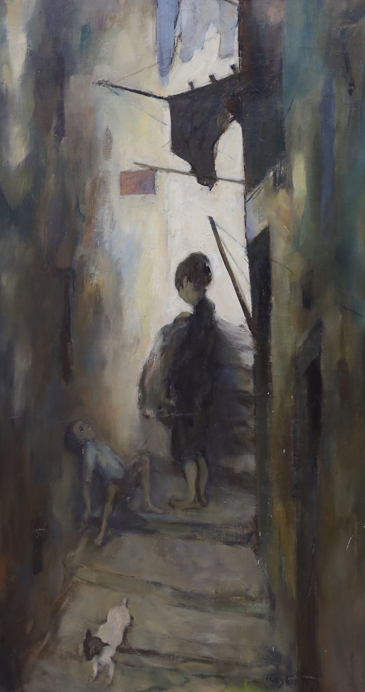 Robin Hayter, oil on canvas, Urchins in an alleyway, signed, label verso inscribed Care of R.A. Schools Burlington House, 73 x 40cm